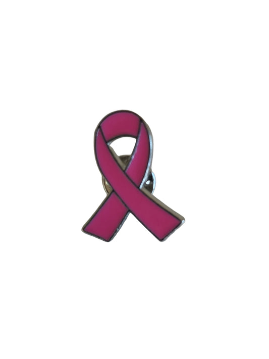 P108 Pink Ribbon brooch with pin 27mm H, 22 mm W