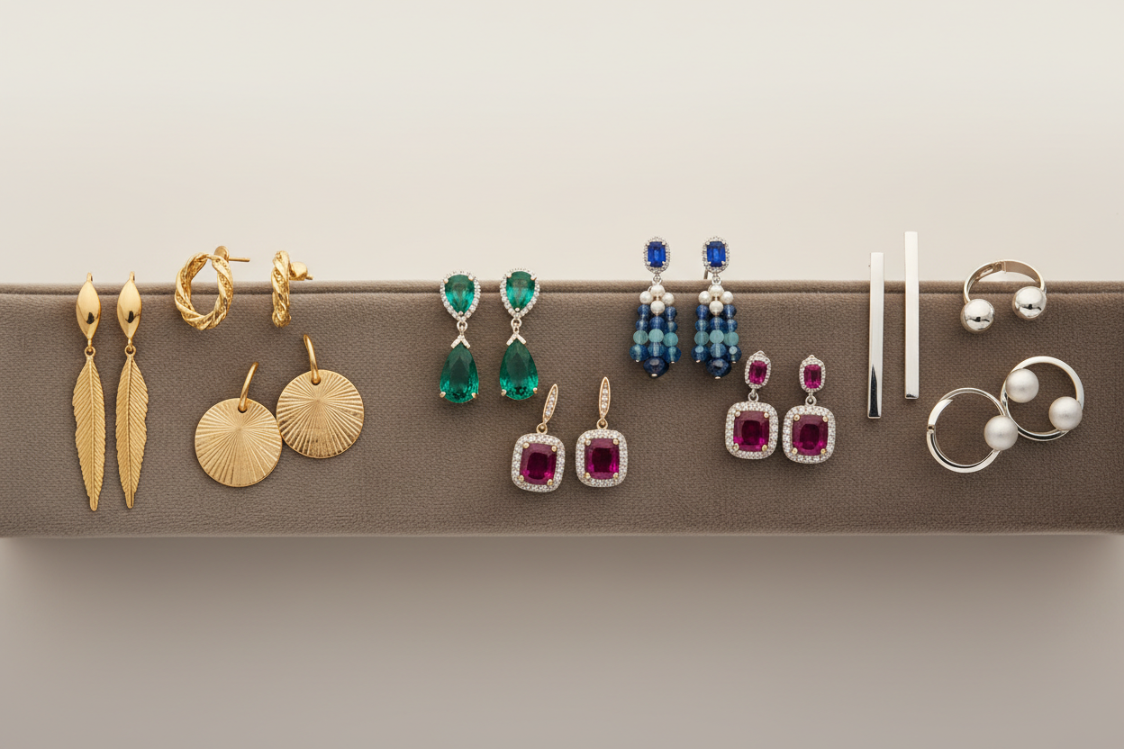 banner image of earrings in colouful, gold colour, silver colour etc